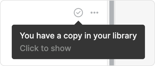The tick status button on a shared reference with a tooltip reading “You have a copy in your library — Click to show”.